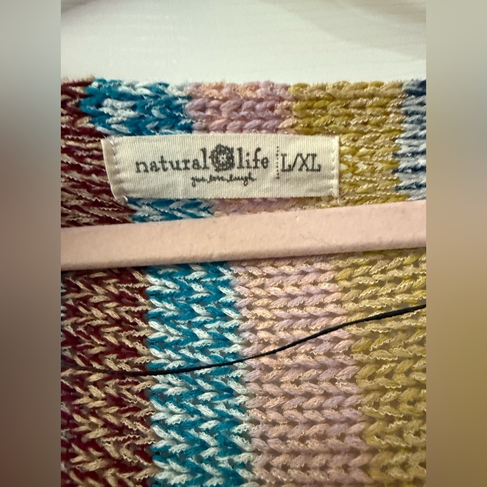 Natural Life Santa Fe Striped Knit Fringe Sweater Poncho Cape Sz L/XL Boho - Picture 2 of 4